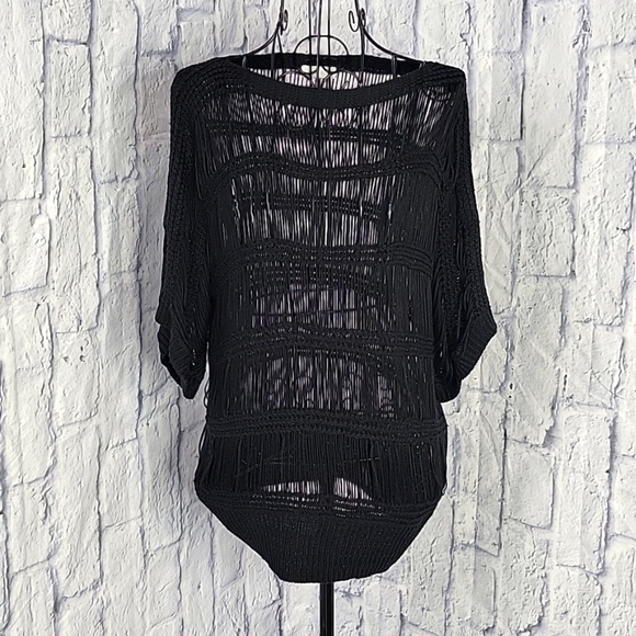 CHICO'S Black Open Weave Crochet 90's Blouse Large - Picture 1 of 7